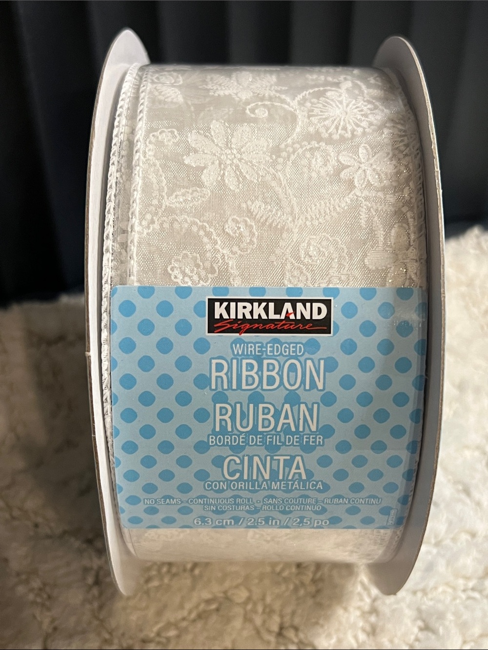 Kirkland Wired Ribbon Shimmer Sheer White Floral Flowers 50 Yd x 2.5”